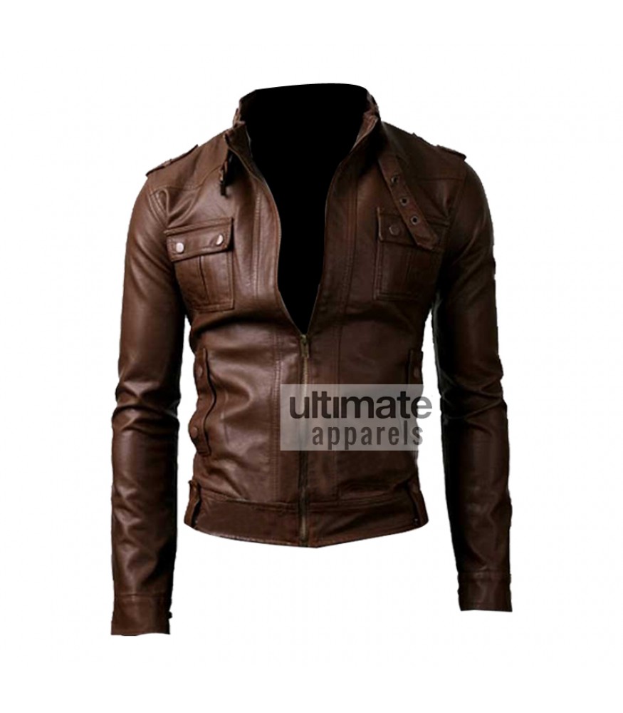 Slim Fit Strap Pocket Brown Leather Jacket